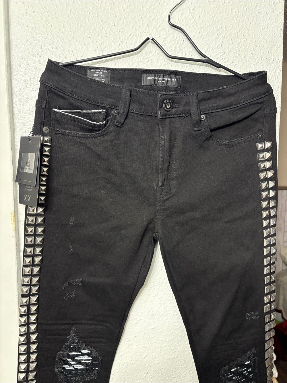 Cult of Individuality Black Skinny Jeans with Silver Pyramid Studs